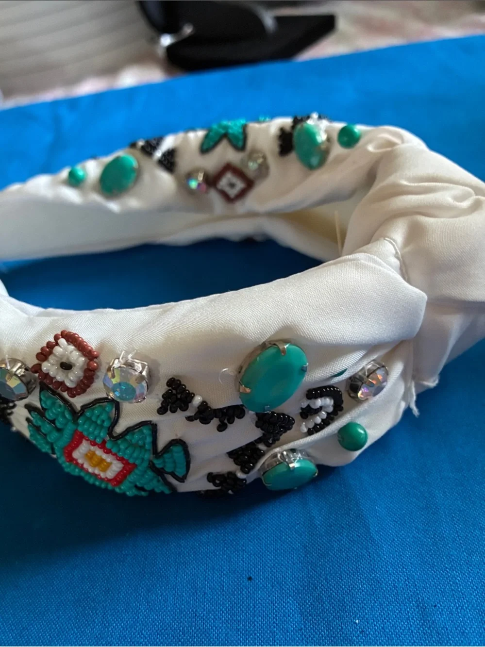 Embellished White Beaded Turban Headband with Turquoise Accents